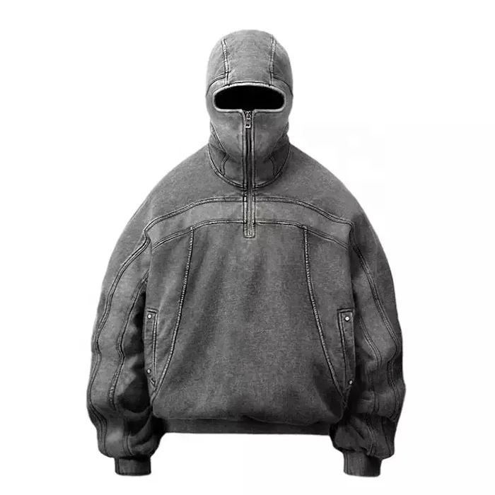 Dropshoulder oversized custom logo retro vintage 500gsm 100% cotton full face zip up acid wash sun faded ninja hoodie for men