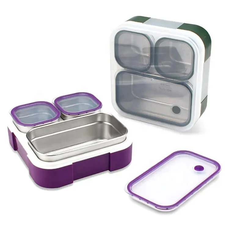 Eco-Friendly 3 Compartments Food Storage Containers Stainless Steel Insulated Lunch Boxes With Plastic Lid