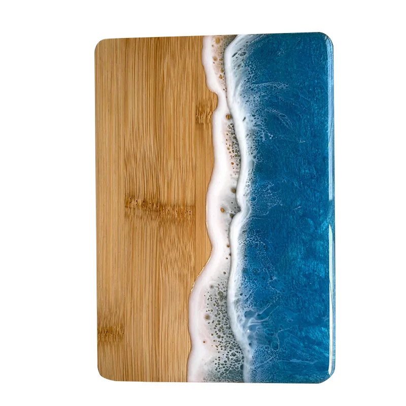 18*11 inch customized color epoxy resin beach sea bamboo cutting board with blue&white surface