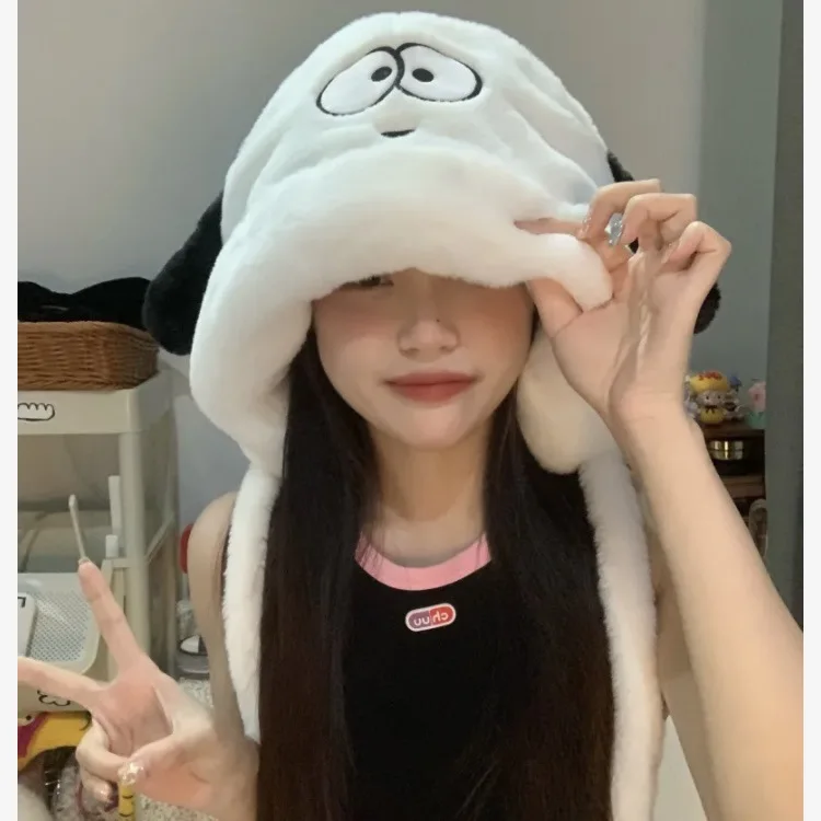 Cute Cartoon Puppy Plush Hat For Women Autumn And Winter Cycling Warm Ear Protection Hat Versatile Black And White Lace Up Hat