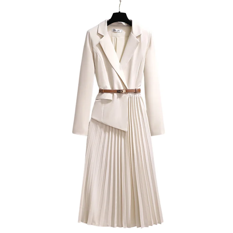 High Quality Spring Autumn Elegant Blazer Dress V-neck Slim Design Pleated Dresses Women Casual Ladies Office Dresses