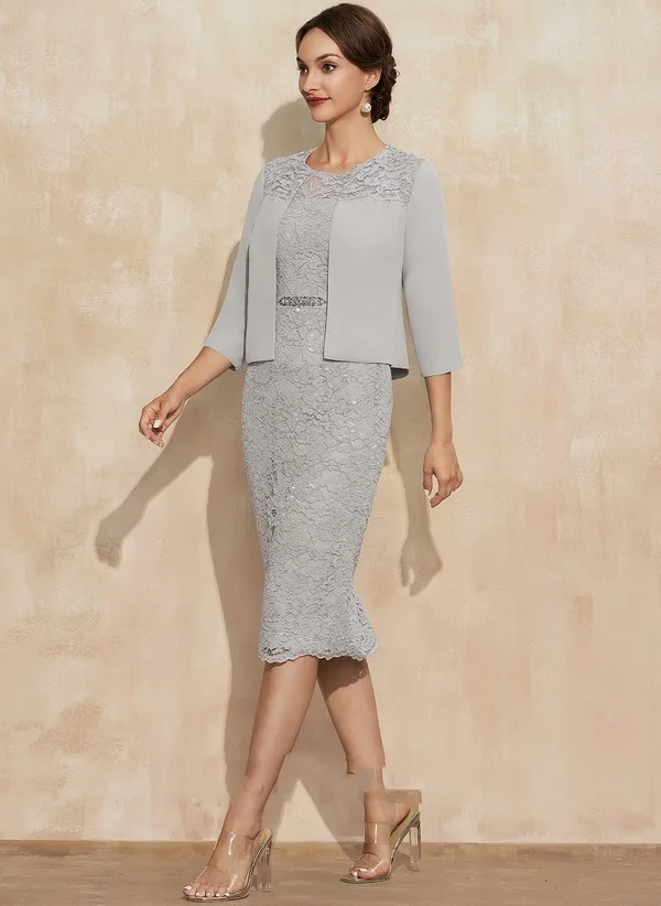 Ingots 2022 Elegant Silver Scoop Neck Knee-Length Mother Suits Chiffon Lace of Bride Dress With Beading Short PromOther Ingots