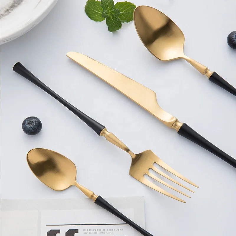 Black  gold luxury wedding used flatware set  stainless steel cutlery