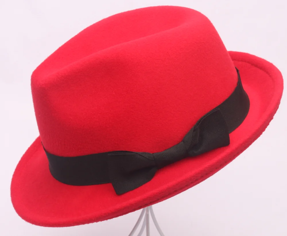 
Women Men Felt Fedora Trilby Jazz Hat Gangster Cap Short Brim felt fedora hat cap with Black bowknot Ribbon Band 