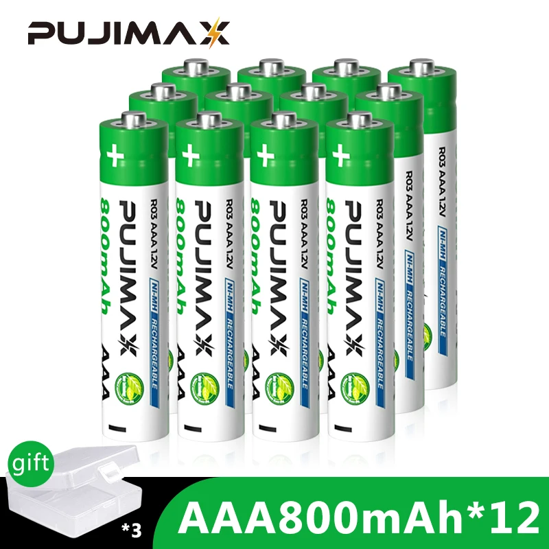 PUJIMAX Wholesale 12PCS 1.2v AAA 800mah Nimh Batterie Pack AAA Rechargeable Battery Send Battery Box AAA For Camera Microphone