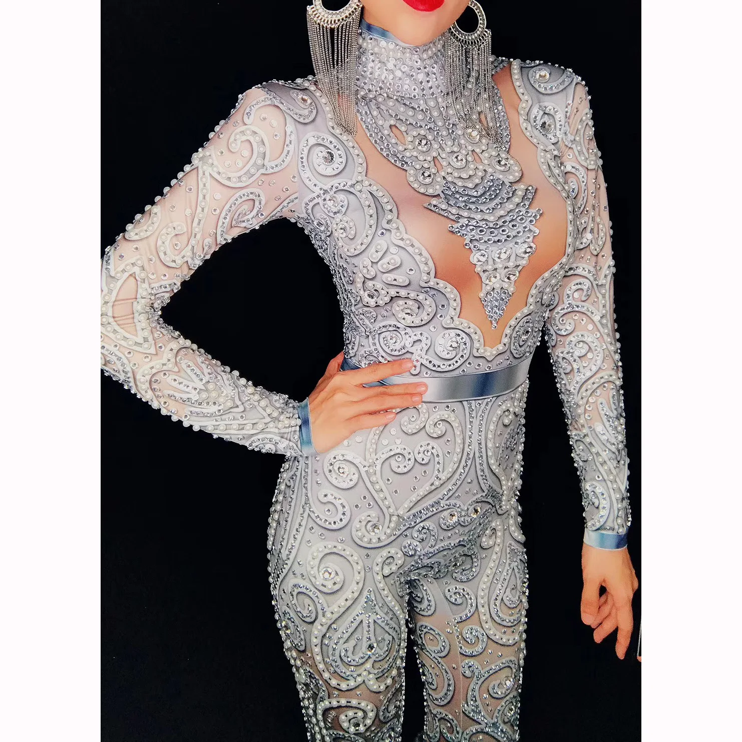 Women Sexy Rhinestone Floral Bodycon Long sleeve Clubwear Ladies Long Sleeve Slim Dance Evening Party Show Jumpsuit Romper