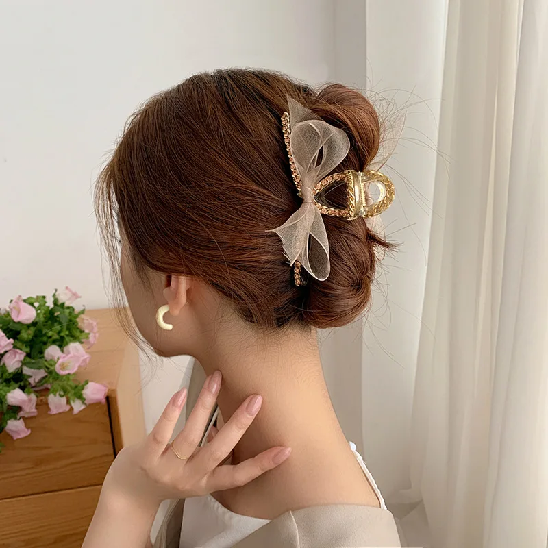 New Design Lace Bow Crystal Hair Clips Claw Women Hair Accessories Wholesale Hair Claw Clips Gold
