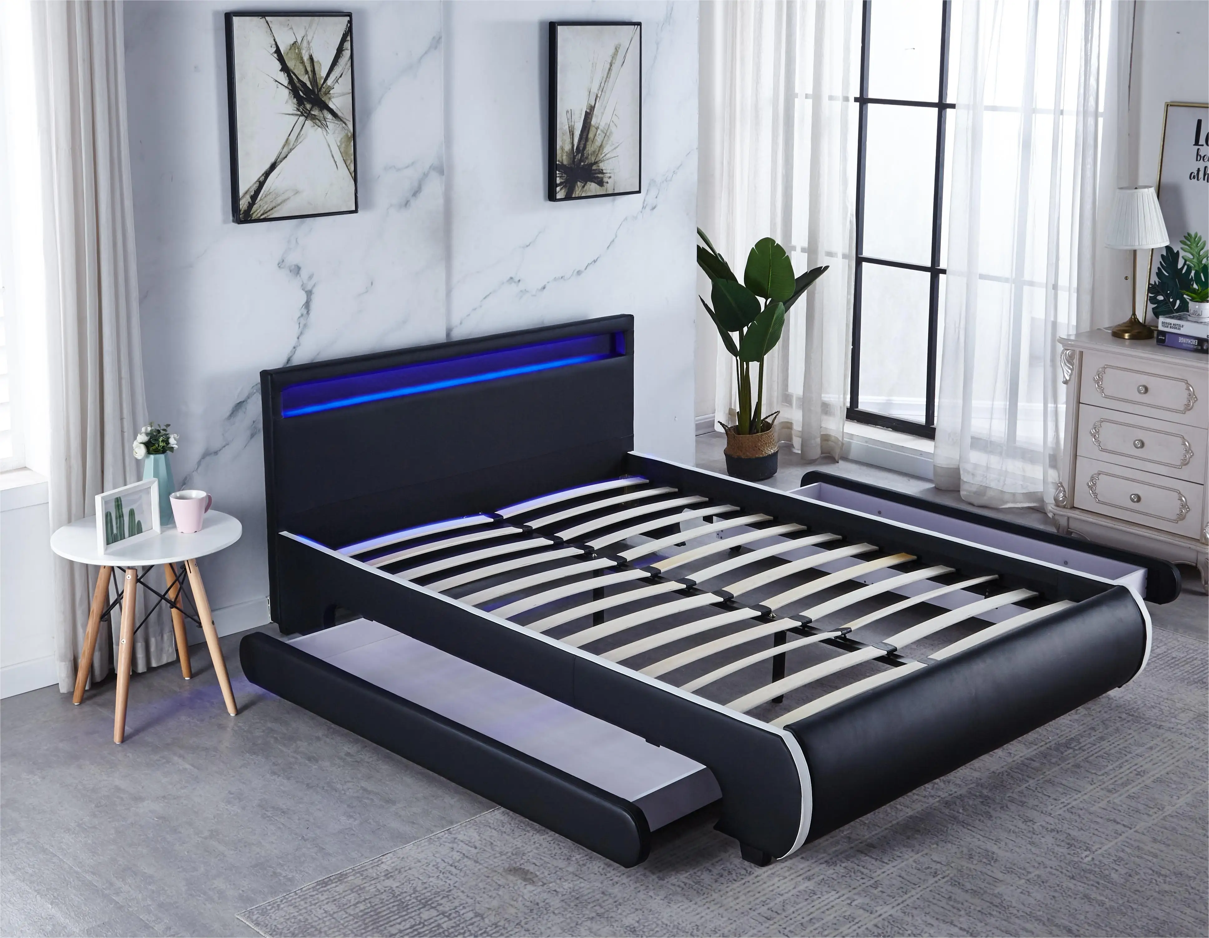 Modern black bed with decorative lights  stylish queen size bed platform frame bed
