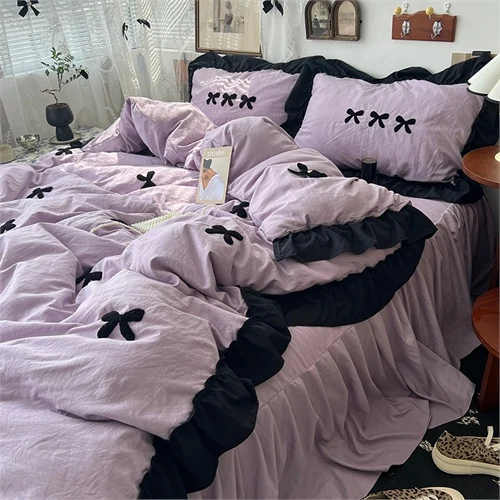 French Style Lace Bow Towel Embroidery Solid Color Washed Cotton Four Piece Set Bedding Set