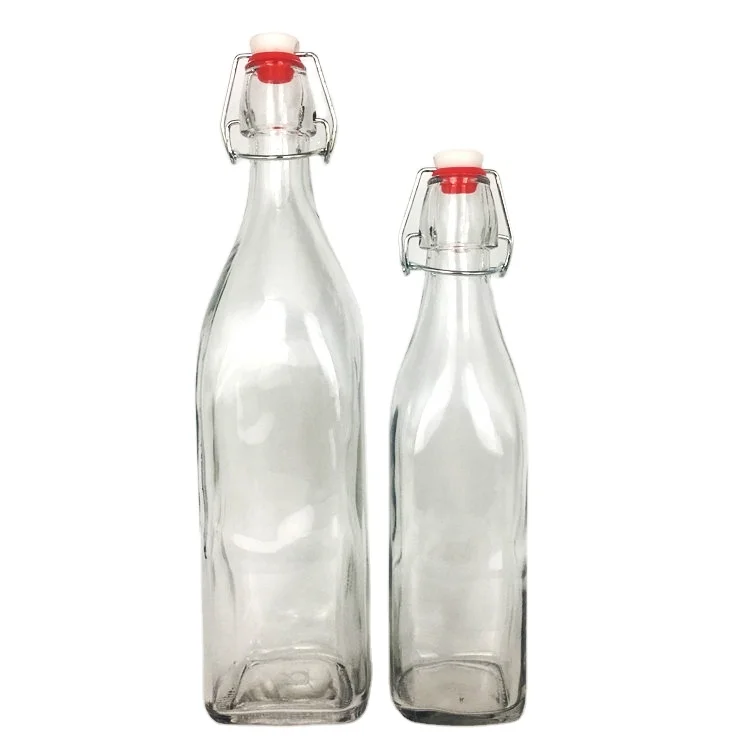 Wholesale 500ml 1000ml square glass beverage bottle with swing top lid
