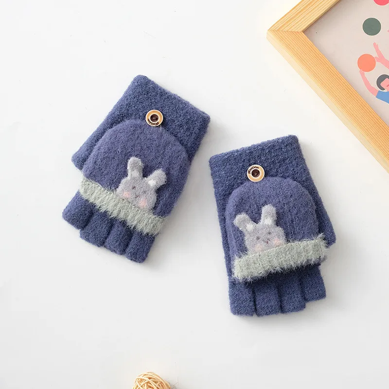 
OEM Custom Design Kids Baby Coversible Winter Warm Gloves Knit Knitted Half Finger Fingerless Mittens Cartoon Thickness 