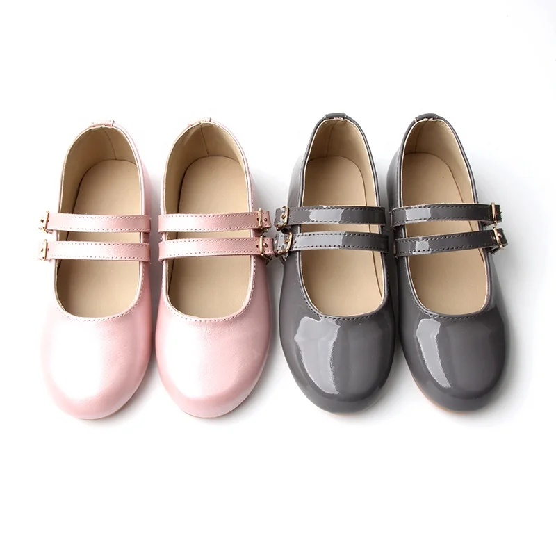 Babyhappy Factory Price Grey Hard Outole Round Toe Smooth Mirror Leather Girl Flat Princess Mary Jane Shoes