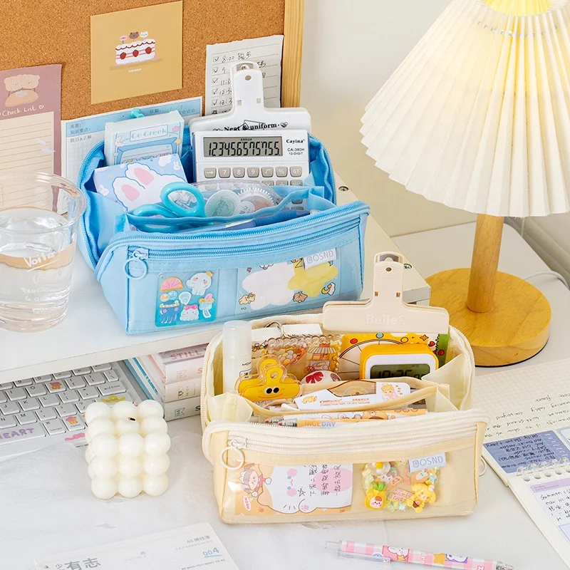 Big mouth large capacity zipper fabric pencil case zipper pouch money bag Multi-layer neat stitch pen packaging bags