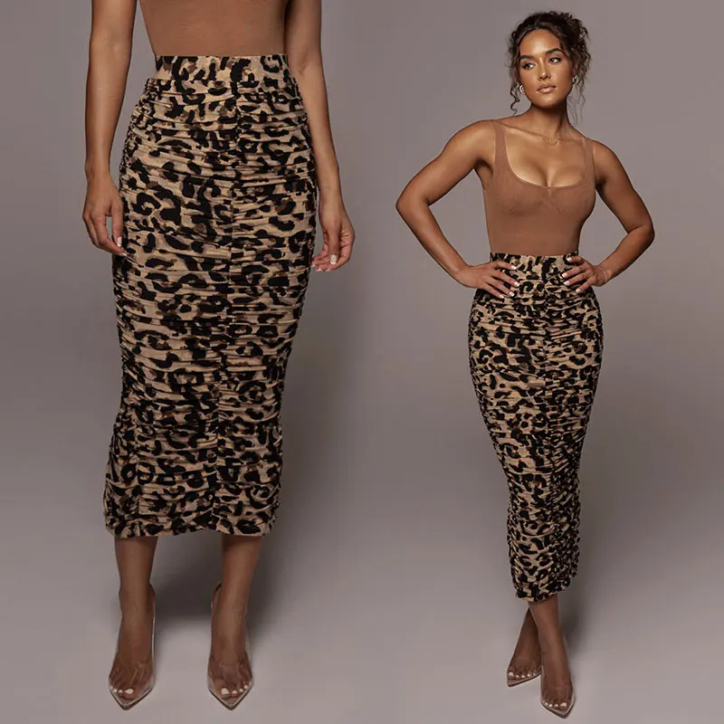 2022 Summer midi skirts with LEOPARD HALOW RUCHED SKIRT