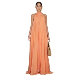 Elegant Holiday Chiffon Jumpsuits Halter Sleeveless High Waist Women Wide Leg Playsuit Open Back Pleated Rompers Cami Jumpsuit