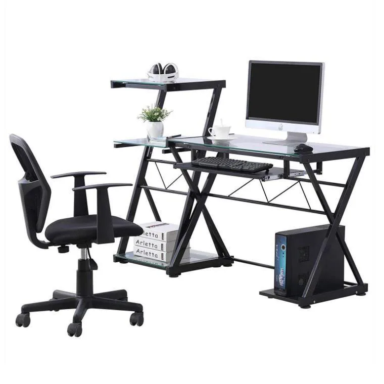 glass cheap computer table with shelves  unique small study desk home office  unique small study desk