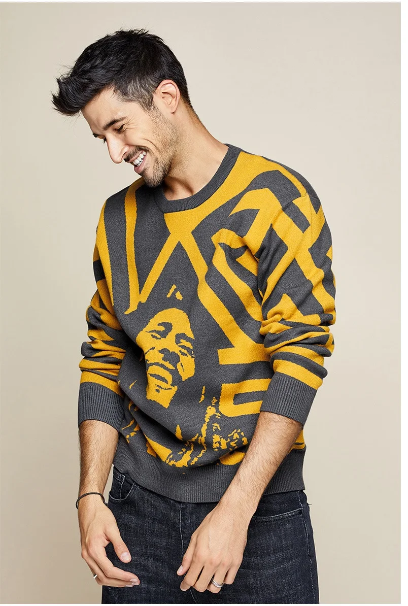 Мужской трикотажный жаккардовый свитер с круглым вырезом и длинными рукавами
