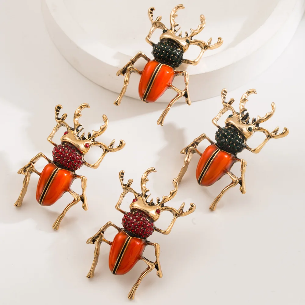 Vintage Retro Beetle Jewelry Set Rhinestone Oil Drop Simulation Insert Unisex Jewellery Earrings Necklace with Snake Chain