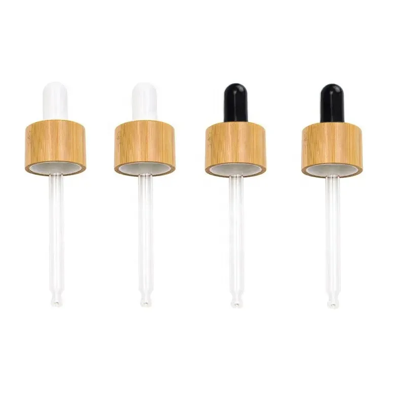 Natural Cosmetic Package Black Rubber Top Wooden/Bamboo Cap 18Mm Bamboo Glass Dropper For Essential Oil
