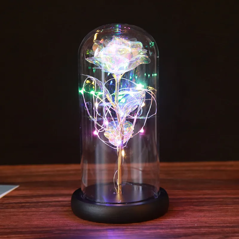 2022 New Mother Day Gift LED Light String Colorful 24k Gold Foil Rose Flowers Galaxy Rose In Glass Dome