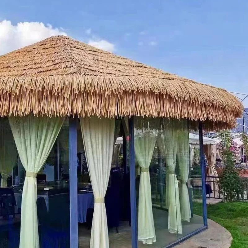 Waterproof plastic palm leaf grass green thatched roof synthetic thatch for thatch umbrella cover