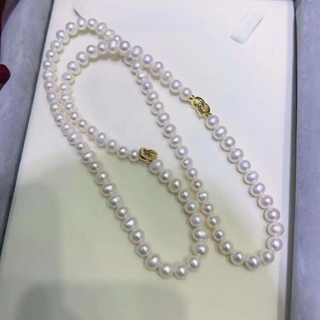 A 7-8mm High-quality Potato Shaped Pearl Necklace Bracelet Set Two in One Set Jewelry Gold Freshwater Pearl 765 Plated Trendy
