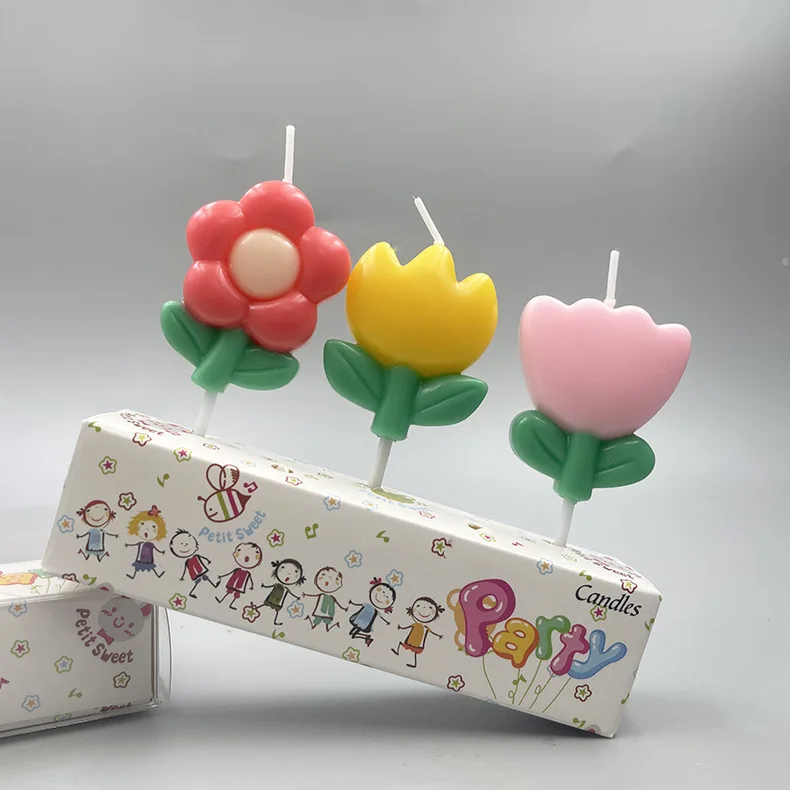 Retro cartoon Tulip Flower Cake Birthday Candle Colorful Spring Flower Frangipani craft birthday candle