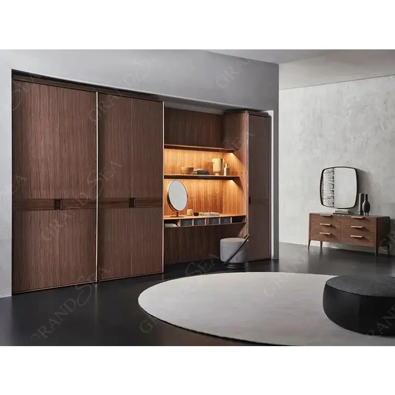 Custom size hidden design modern bedroom wardrobe with sliding doors built-in dress table closet storage wardrobe