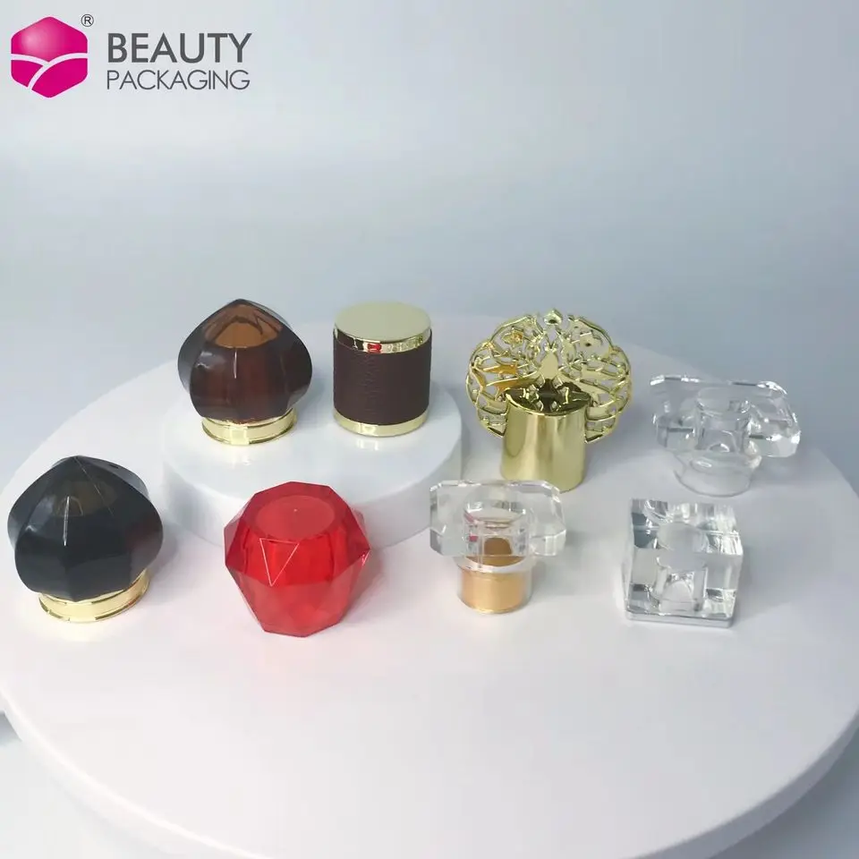 Wholesale Custom Square Round Perfume Bottle Transparent Gold Cap Acrylic Perfume Luxury Caps For Glass Perfume Bottle
