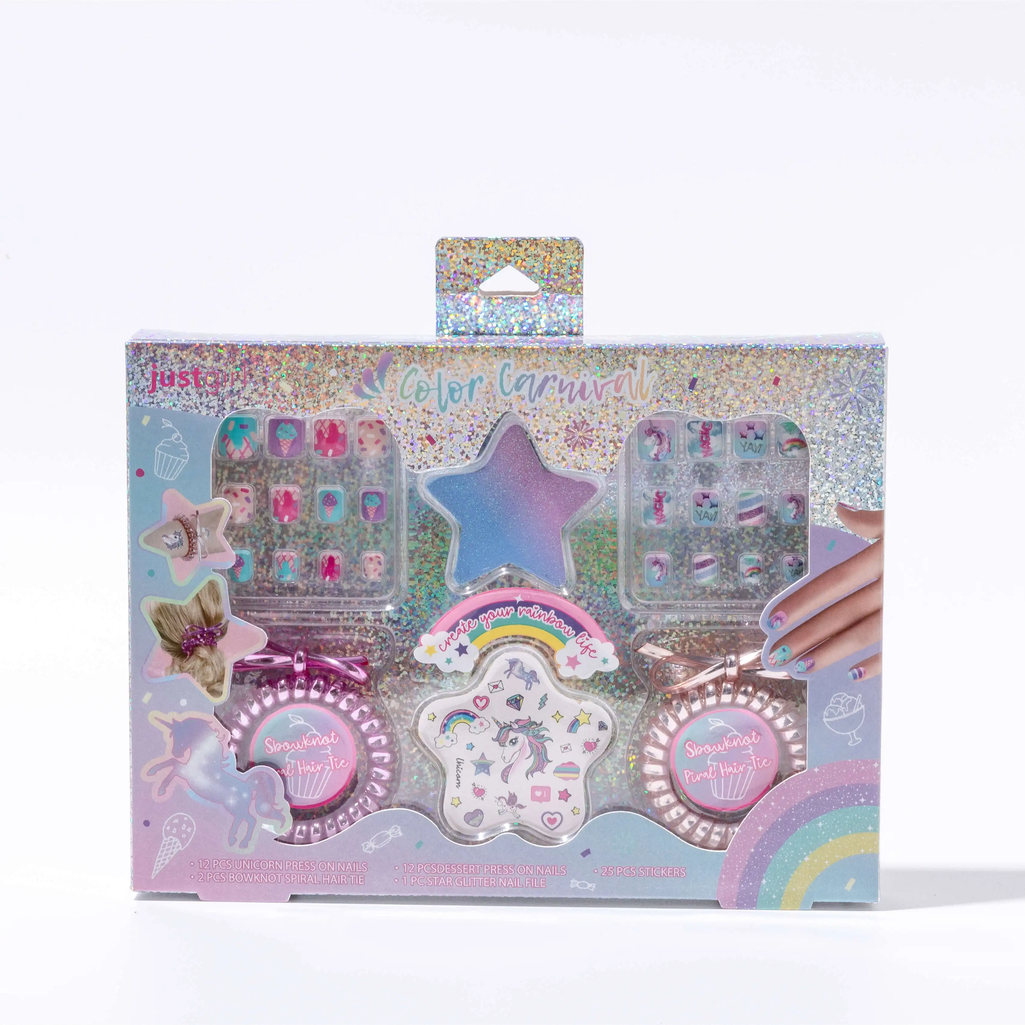 Заводская цена, индивидуальная голографическая коробка, детский набор для красоты ногтей, набор для искусственных ногтей для макияжа детей