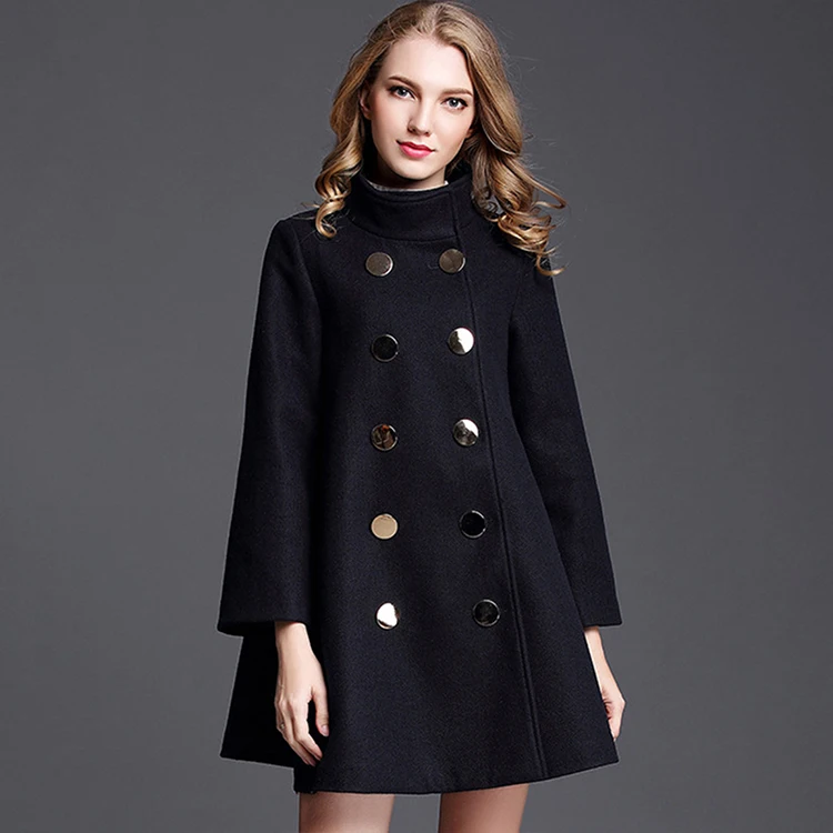 Lightly cooked style loose stand-up collar nine-point sleeves diagonal pockets double-breasted A-line skirt cloak woolen jacket