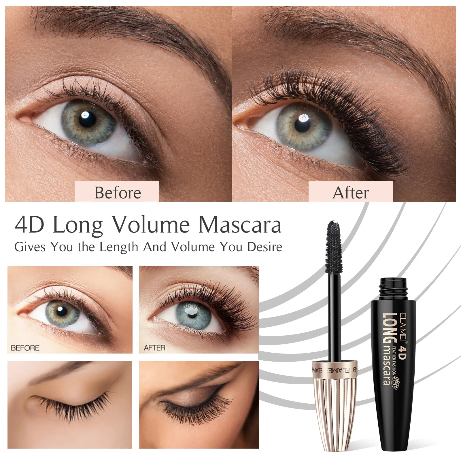 Wholesale Waterproof Eyelash Extensions Mascara 4D Silk Fiber Eyelash Golden Curl Mascara 10ml