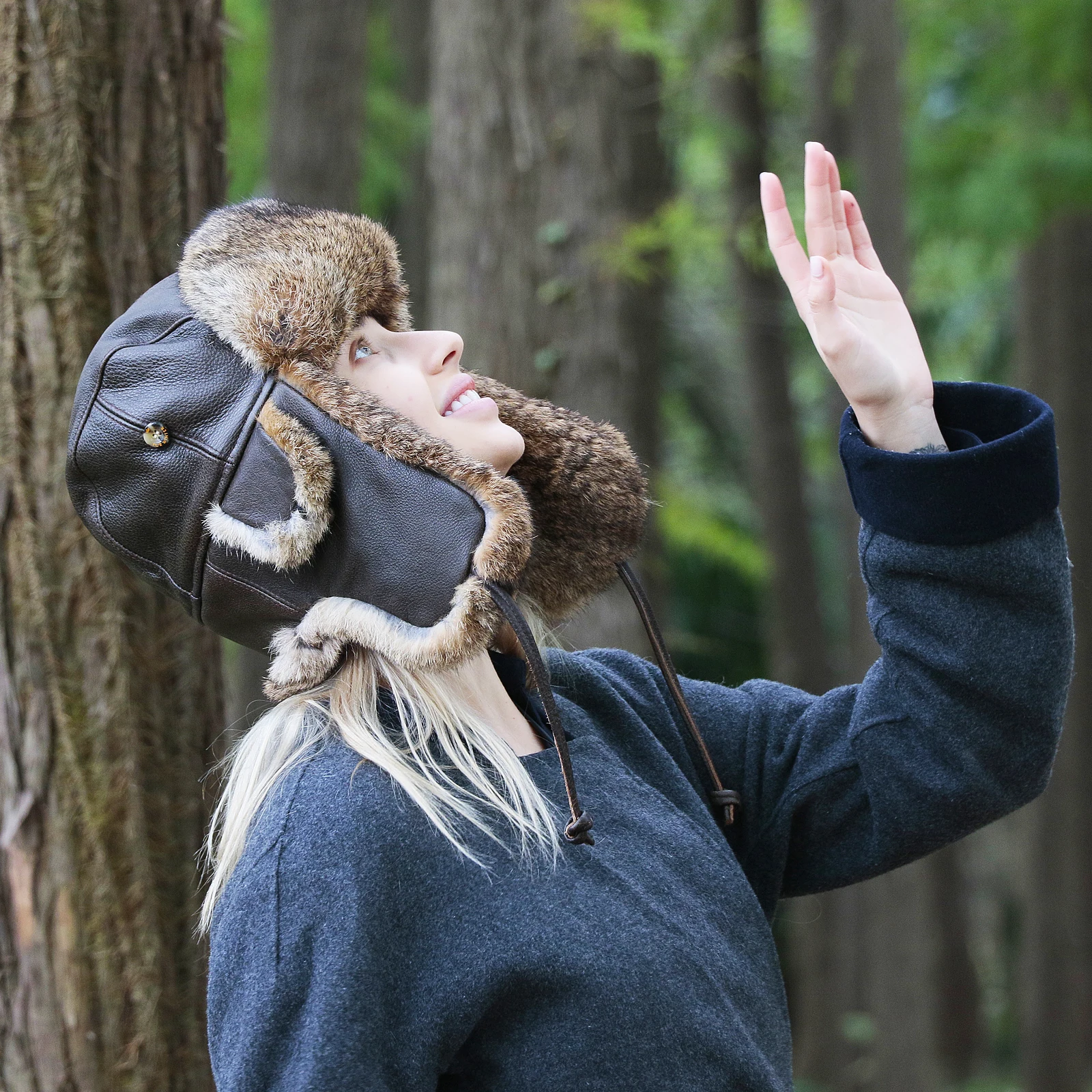 A232 FUR WINTER Vintage Bull Leather Rabbit Fur Aviator Bomber Trapper Trooper Ski Hat