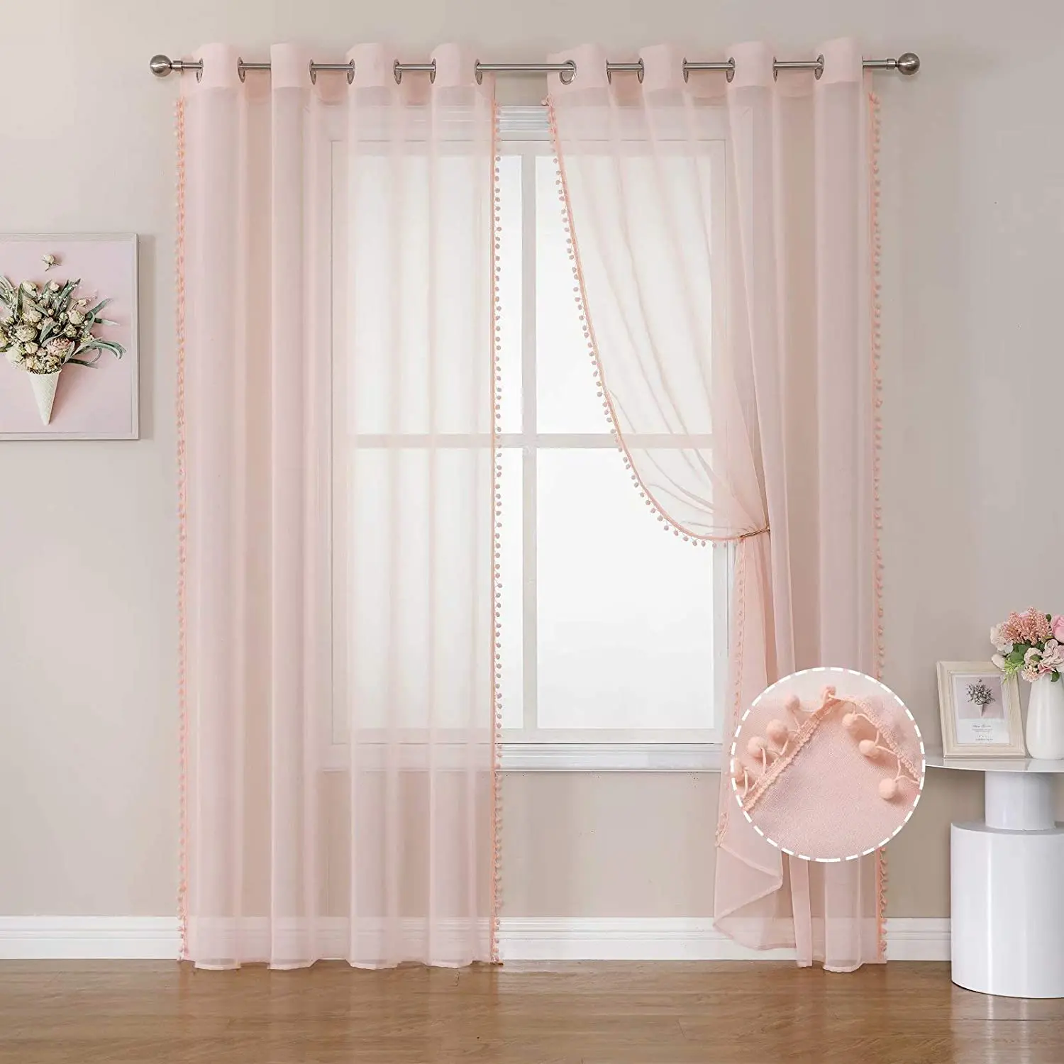 Grommet pom pom faux linen curtain