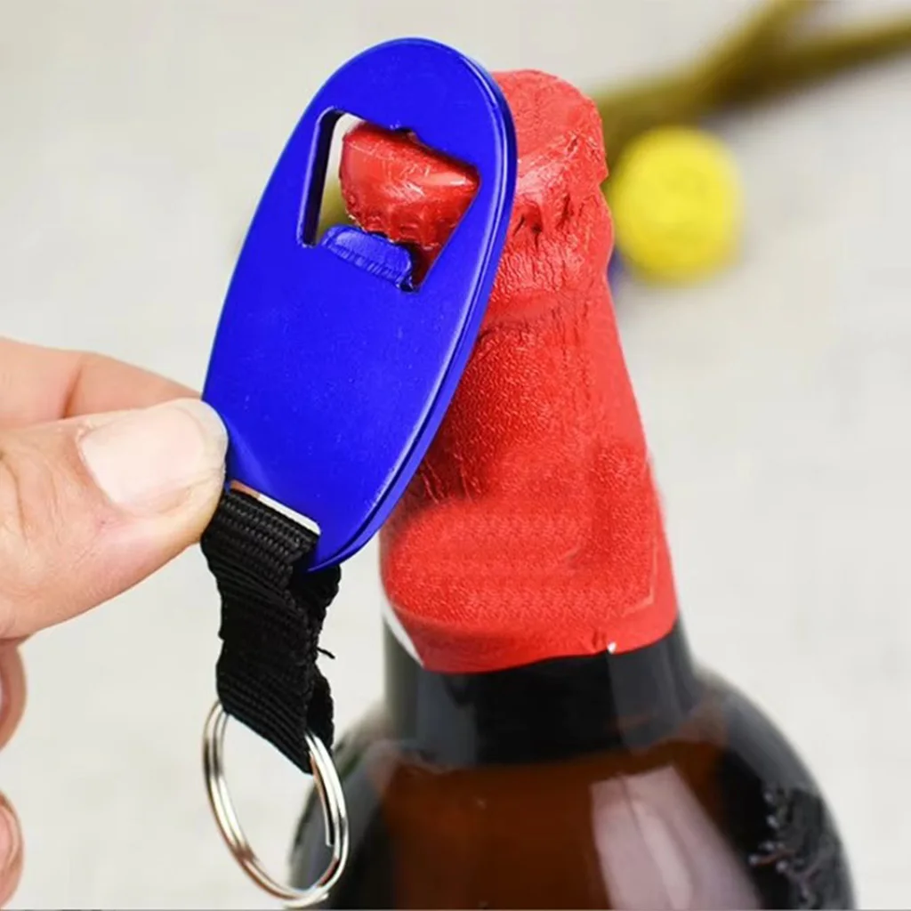 Hot promotional cheap manual metal blank aluminum alloy woven ribbon strap oval custom beer can wine bottle opener with keychain