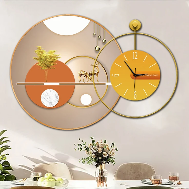 Modern restaurant decorative painting with clock background wall clock painting round crystal porcelain hanging painting