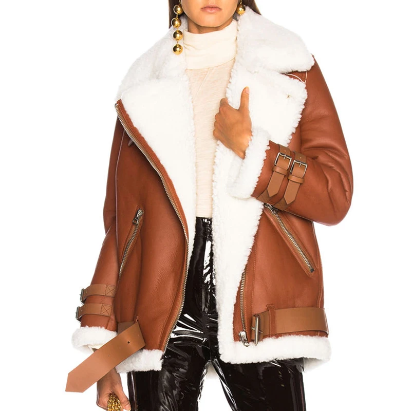 OEM Women Long Sleeve Buckle Strap Fur Collar Leather Jacket