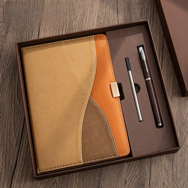 New Premium Custom Logo Meeting Printing Jouranl with Front Pockets Gold Metallic Foil Embossed Notebook Gift Set And Box