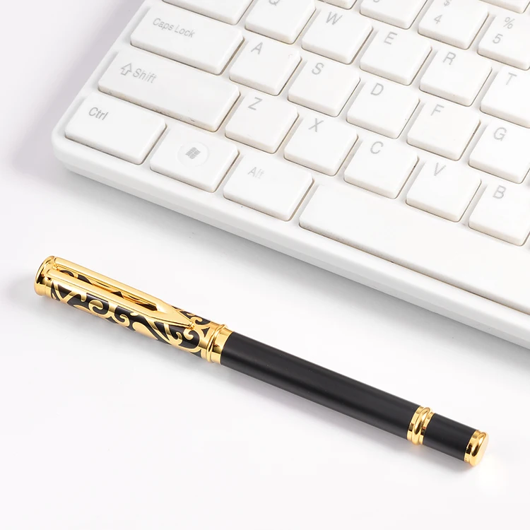 Classical Gold Pattern Metal Roller Pen High Quality Luxury Matte Black Gel Pen Custom Advertising Business Hotel Gift Pen