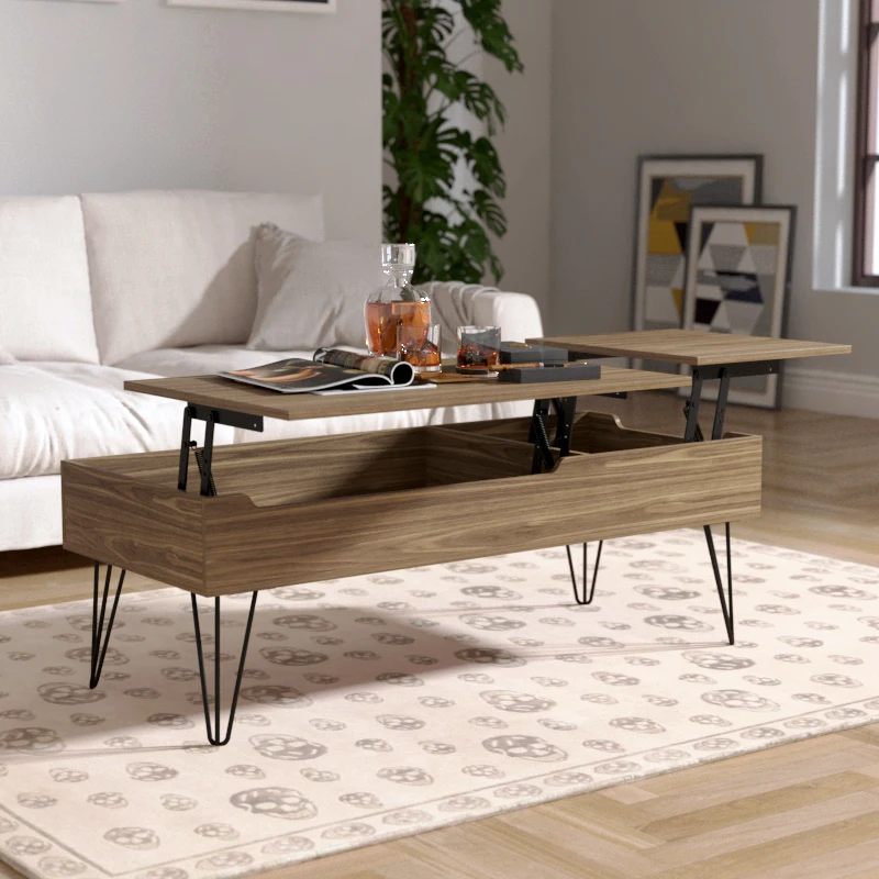 Modern Wood Multifunction Adjustable Extendable Pop Up Lift Top Center Coffee Table With Stainless Steel Metal Legs