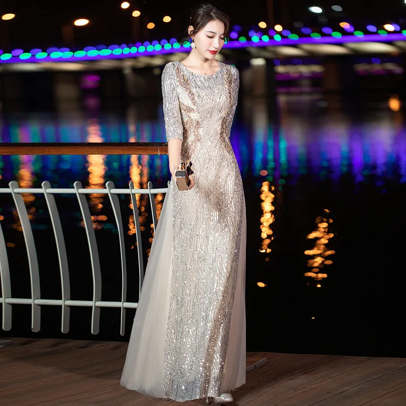 Sequined Formal Evening Gown Wedding Party Dress Birthday Outfit Women