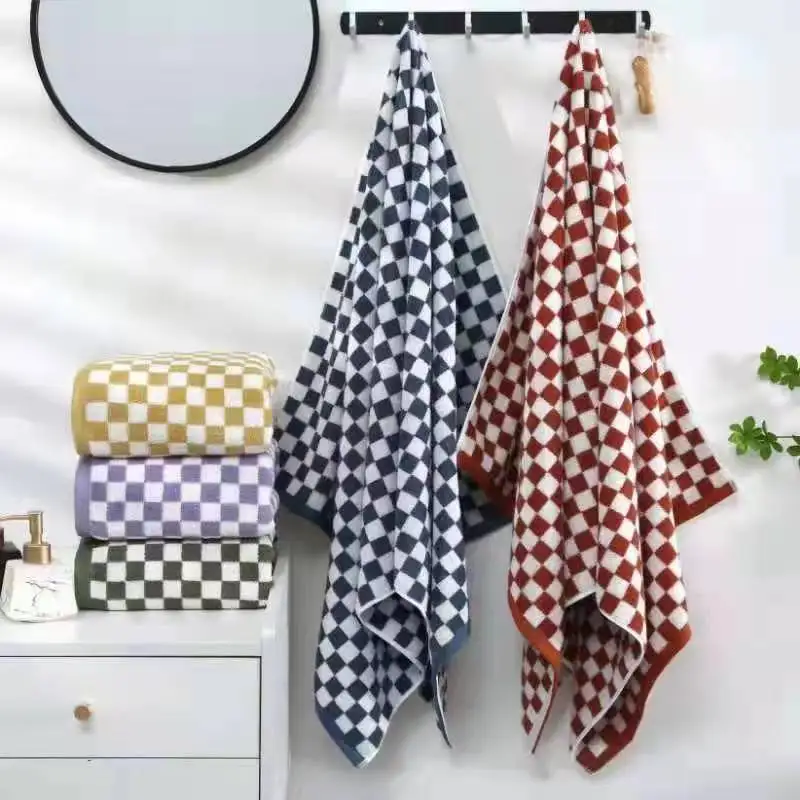 Ready Stock Hebei Gaoyang Cotton Checker Face Towel Bath Towels 35x75 70*140cm 2in1 3in1 Set Available Checkered Checkerboard