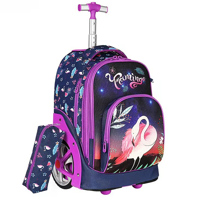 Jasminestar Big Wheel Cartoon Printing Trolley Backpack School Rolling Bag Wheeled Waterproof Bookbag With Pencil Case For Kids