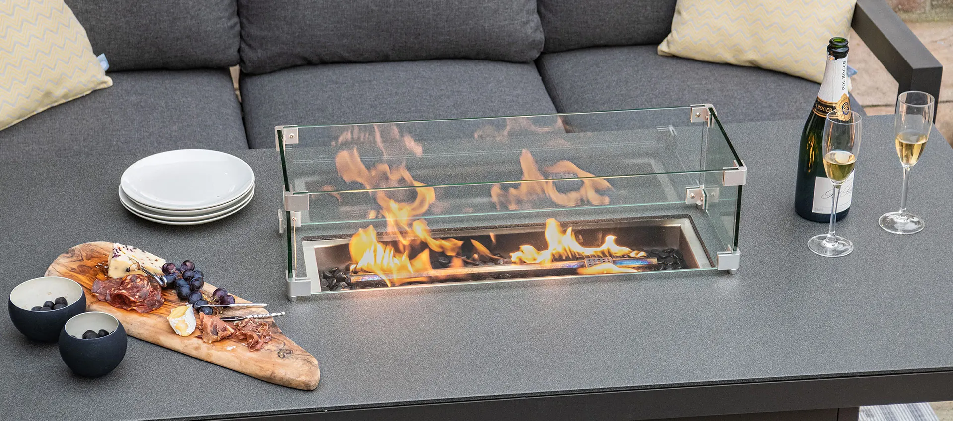 Reclining 3 Seat Sofa Set with Fire Pit Table & Footstools Aluminum Furniture Metal Outdoor Garden Set