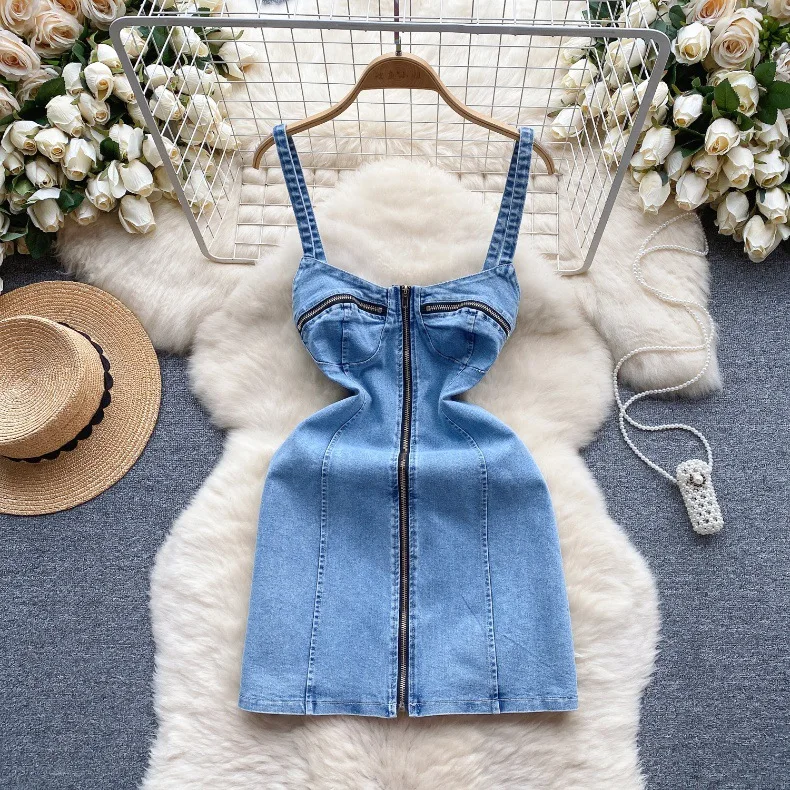 Foruixi Y848   Denim Casual Dress Women High Waist Mini Spaghetti Slip Dress Ladies Retro Dresses Clothes Women Wholesale