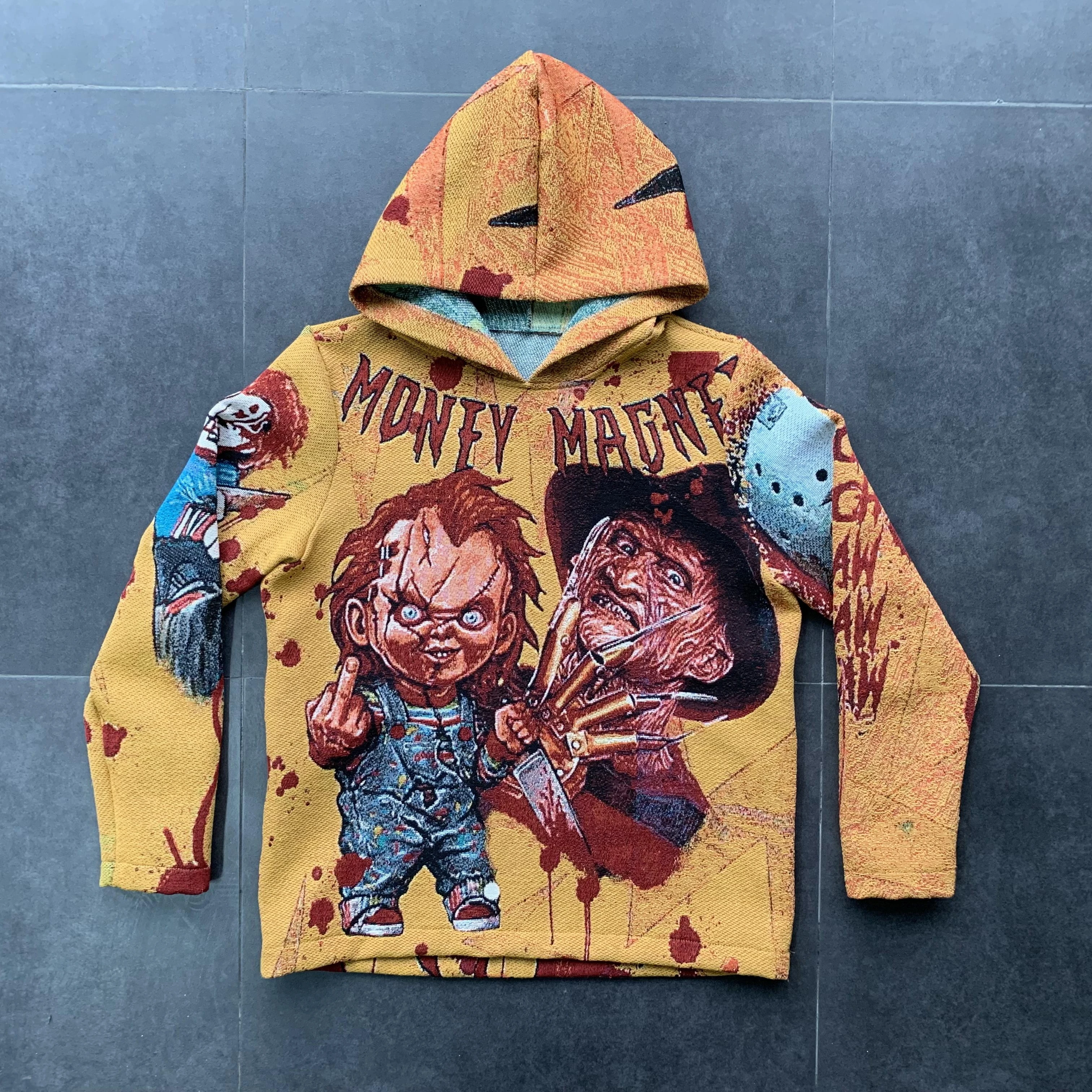 Custom Logo Horror Tapestry Hoodie Woven Jacquard Anime Hoodie Streetwear Yellow Tapestry Blanket Halloween Hoodie