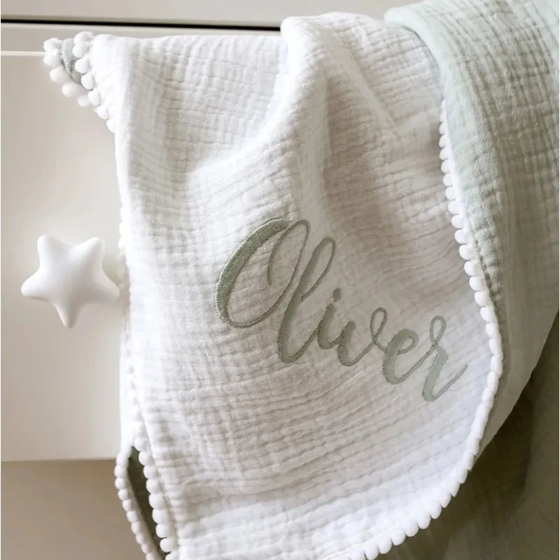 Wholesale Custom Lovey Comfort Blanket Receiving Swaddle Muslin Baby Blanket With Pom Pom