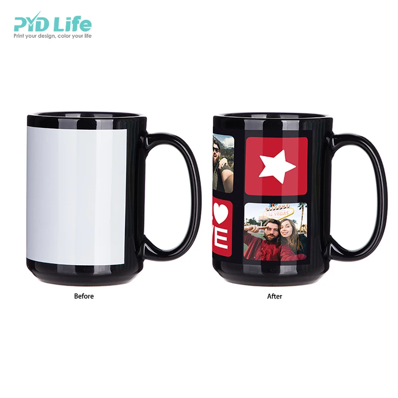 PYD Life заводская цена пользовательская печать Термотрансферная сублимационная кофейная кружка 15 унций с Белой Нашивкой черные сублимационные кружки
