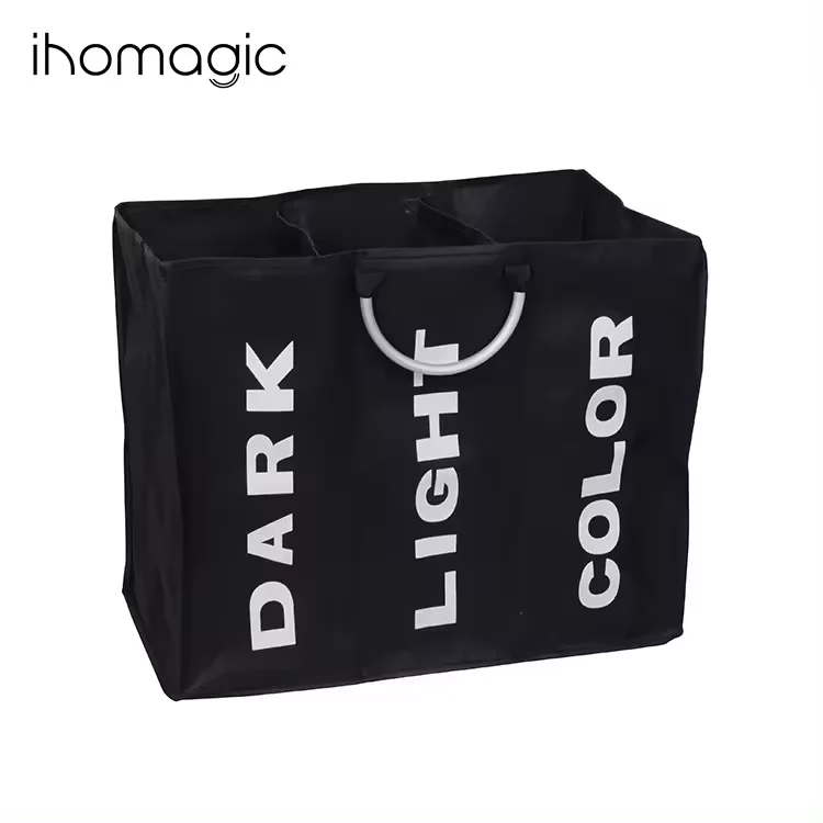 Home Clothes Storage Organization 600D Polyester Stackable Oxford Hamper Laundry Basket With 3 Compartment