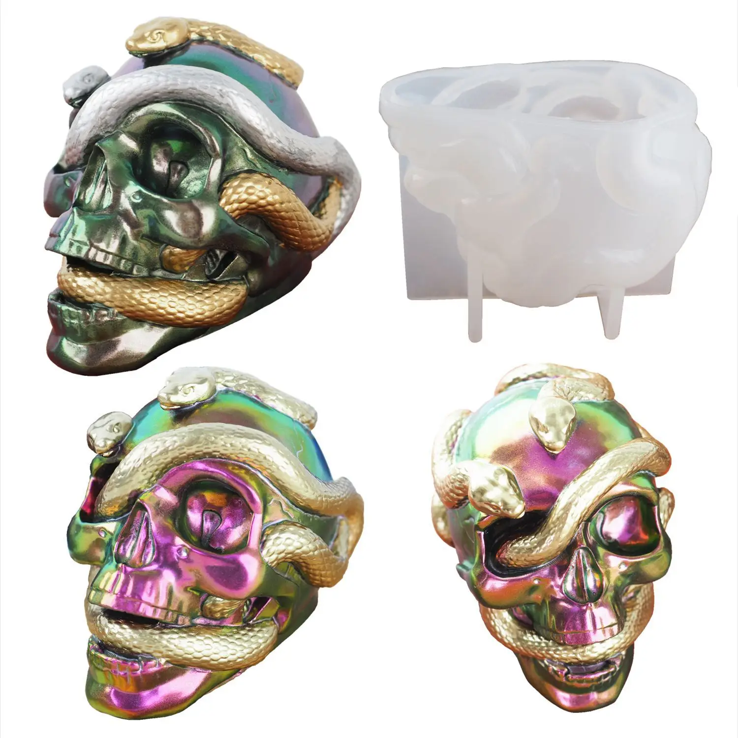 diy glue resin skull snake head double snake silicone mirror mold
